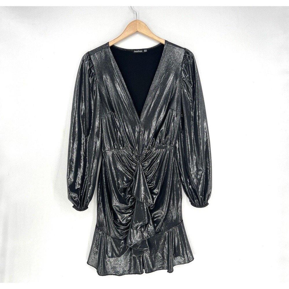 BOOHOO Mini Dress Gunmetal Grey Metallic Long Sleeves Deep V-neck Size 12 Ruffle